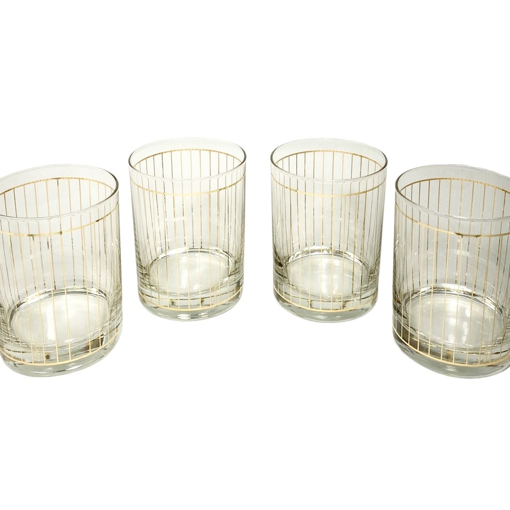 Vintage Culver Gold Pinstriped Double Old Fashioned Cocktail Glasses Set of 4
